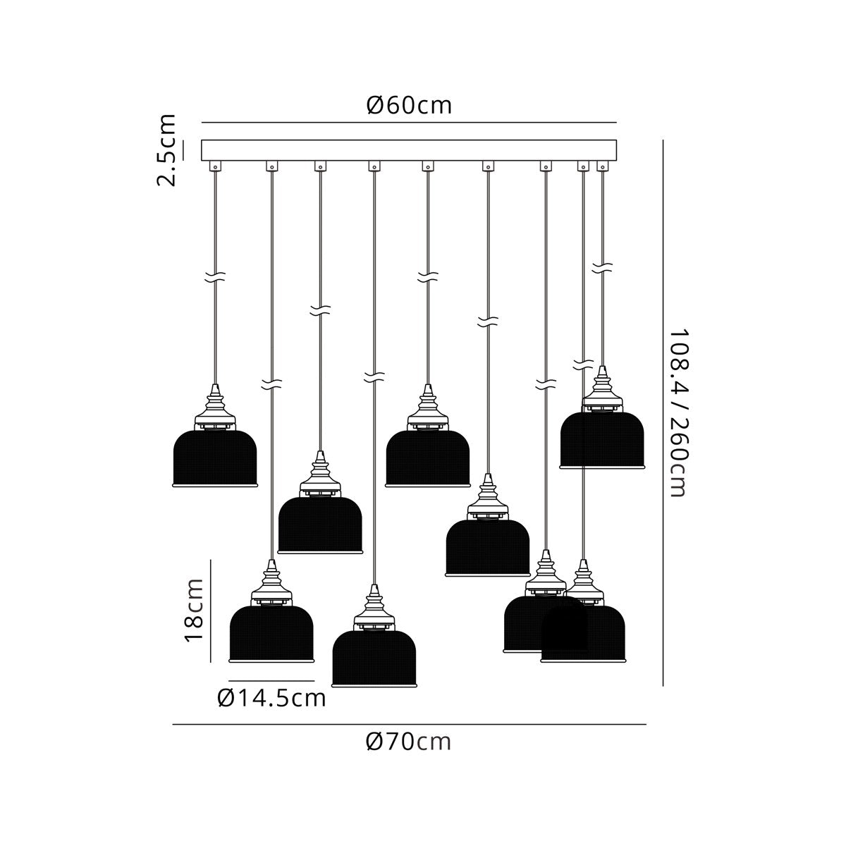 Regent Lourdes 9 Light 700mm Round Pendant Light - dimensions