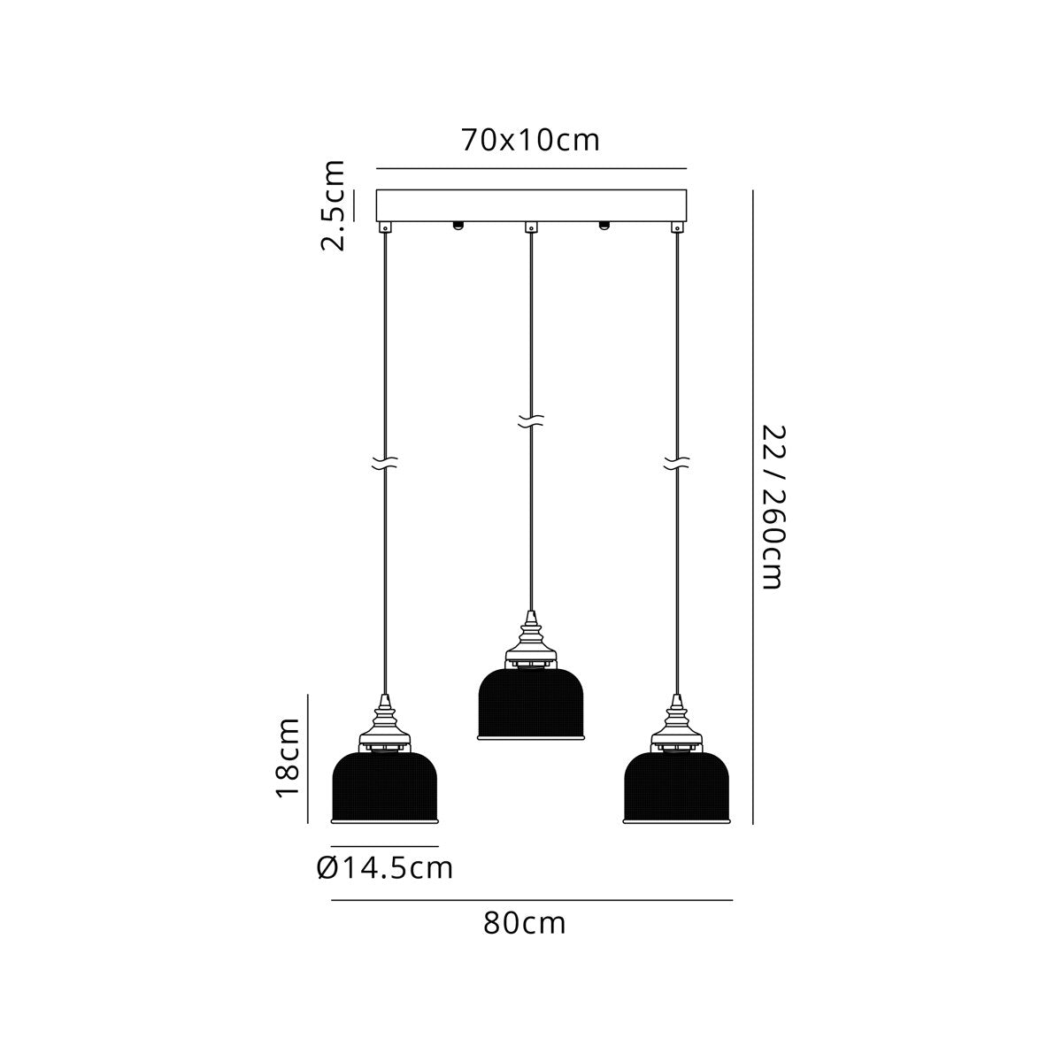 Regent Lourdes 3 Light 800mm Linear Pendant Light - dimensions