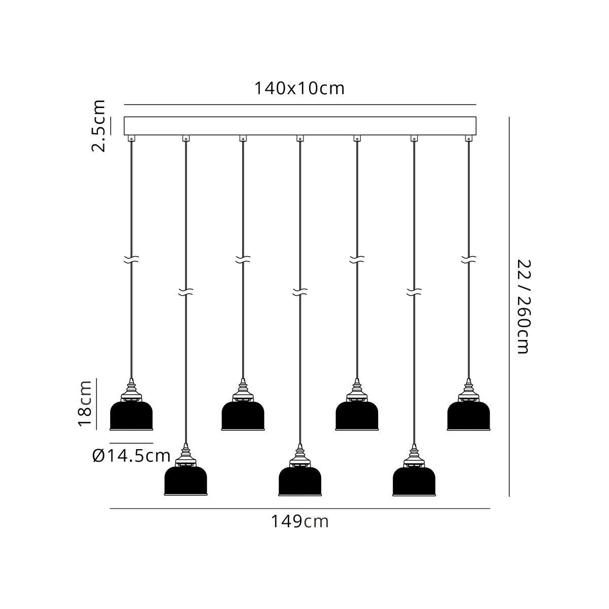 Regent Lourdes 7 Light Linear Pendant 1490mm - dimensions