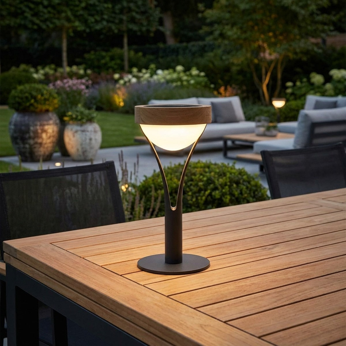 Tyble 200lm Solar Table Lamp 26 cm - Teak Duratek, Black Aluminium and Acrylic Globe