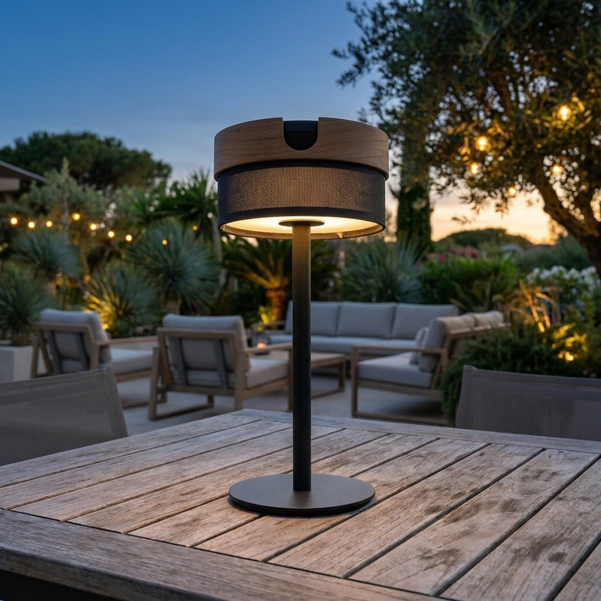 Bateak 200lm Solar Table Lamp 30 cm - Teak Duratek, Black Aluminium with Slate Woven Sling