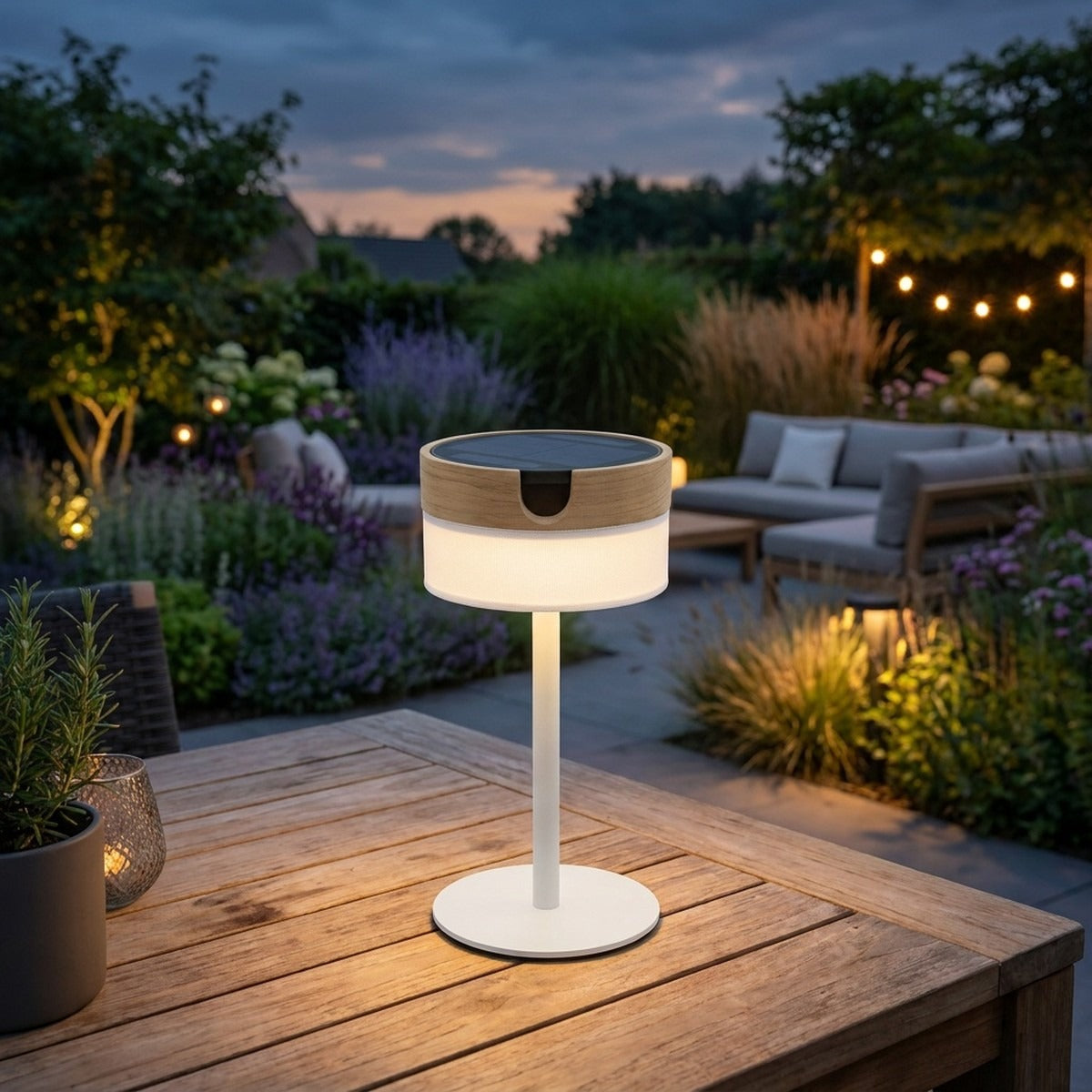 Bateak 200lm Solar Table Lamp 30 cm - Teak Duratek, White Aluminium with White Woven Sling