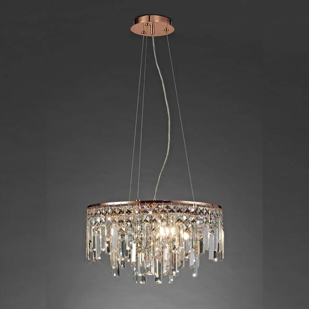 Diyas Maddison 6 Light Round Pendant Light in Rose Gold with Crystal