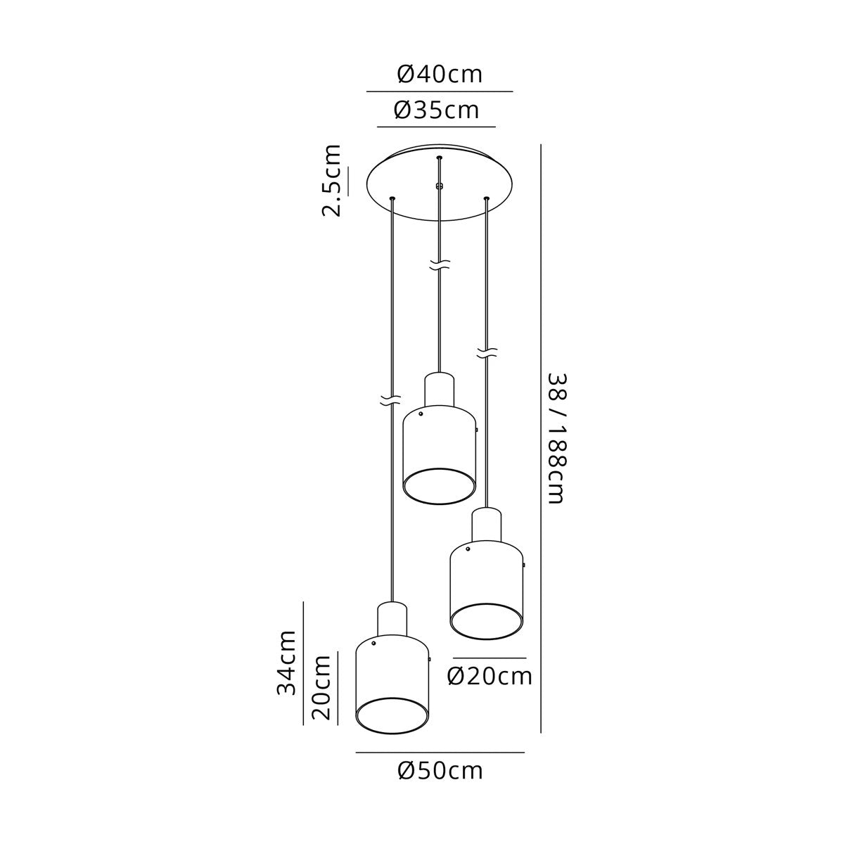 Regent Maisy 3 Light 500mm Round Pendant Light - dimensions