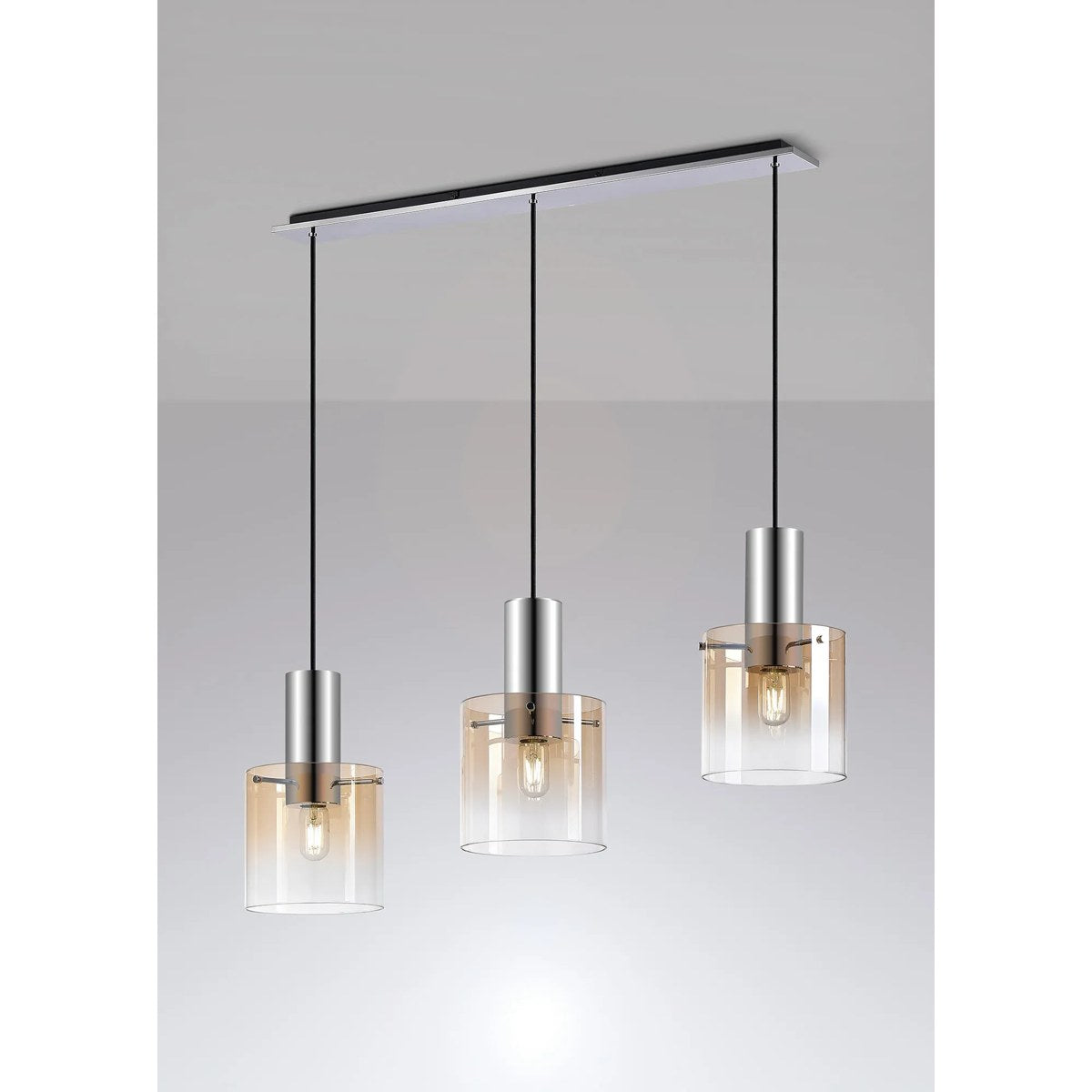 Regent Maisy 3 Light 1000mm Linear Pendant Light - Polished Nickel / Black / Amber Fade