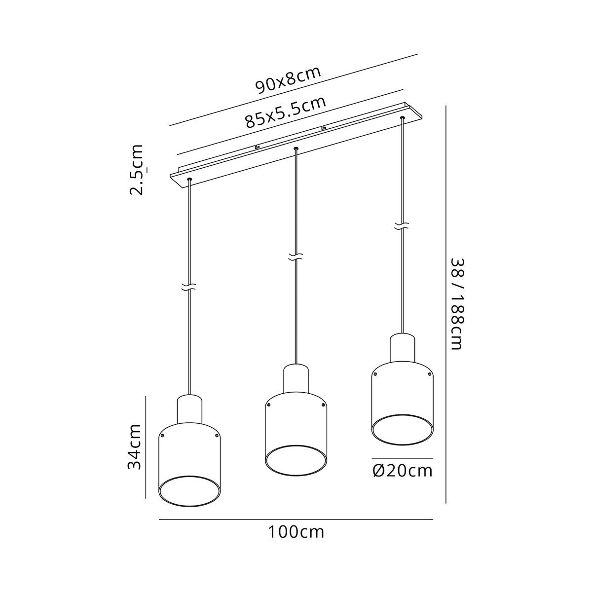 Regent Maisy 3 Light 1000mm Linear Pendant Light - dimensions