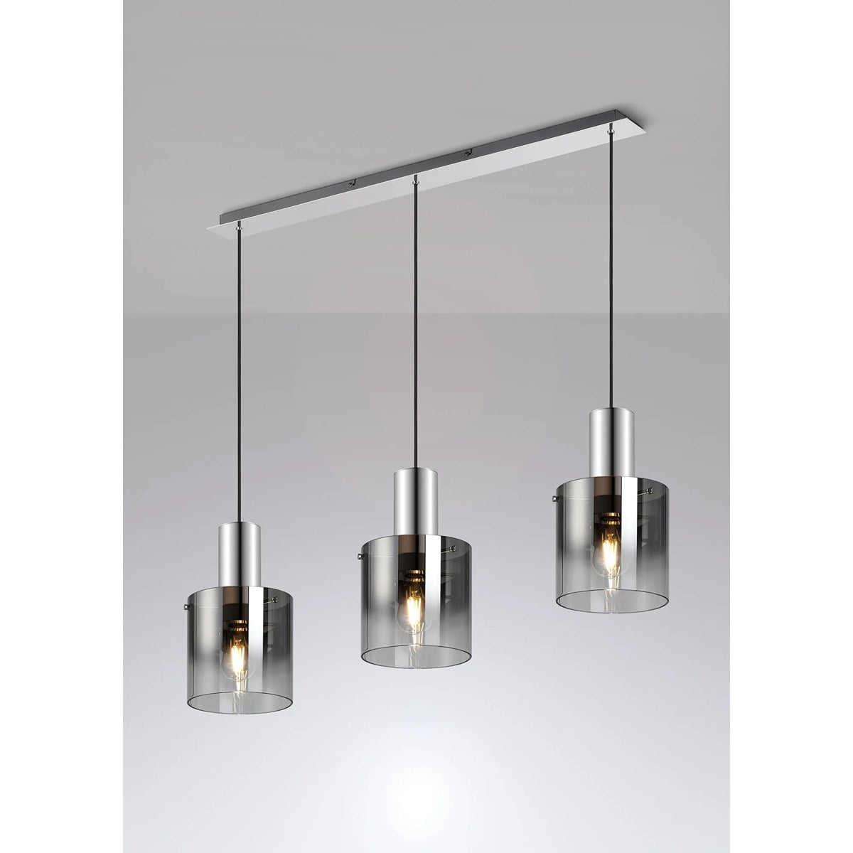Regent Maisy 3 Light 1000mm Linear Pendant Light - Polished Nickel / Black / Smoke Fade