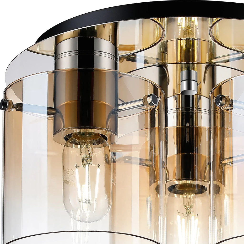 Regent Maisy 3 Light 370mm Round Flush Ceiling Light - Polished Nickel / Black / Amber Fade