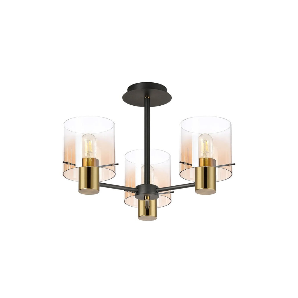 Regent Maisy 3 Light 540mm Semi Flush Ceiling Light - Brass / Sand Black / Amber Fade