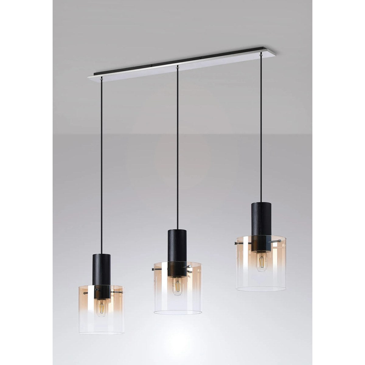 Regent Maisy 3 Light 1000mm Linear Pendant Light - Black / Amber Fade