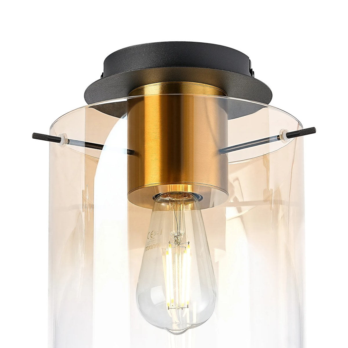 Regent Maisy 200mm Round Flush Ceiling Light - Brass / Sand Black / Amber Fade