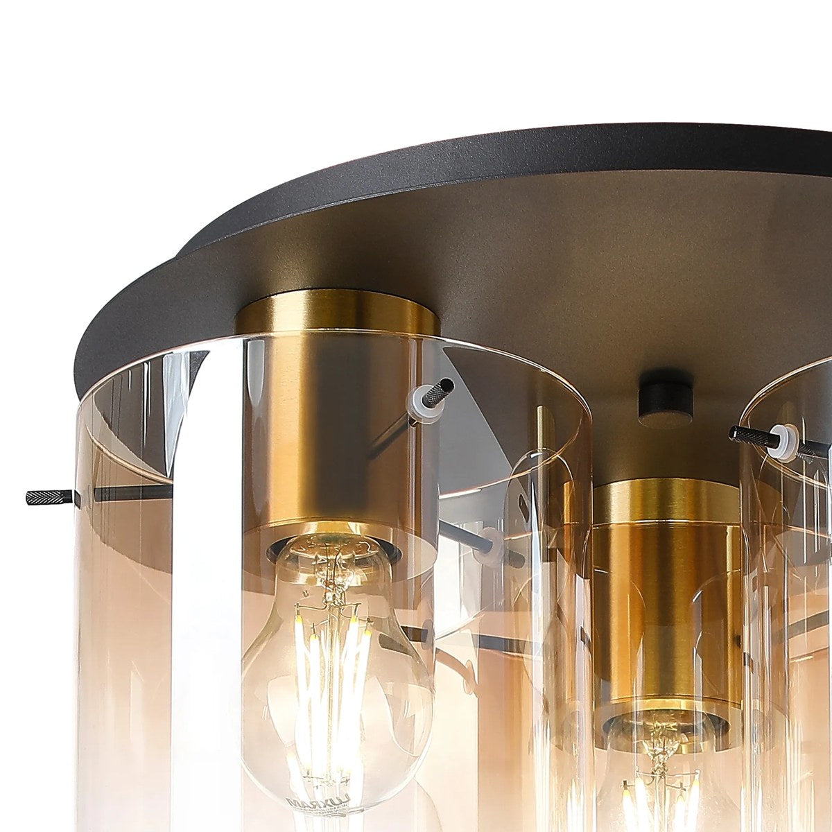 Regent Maisy 3 Light 370mm Round Flush Ceiling Light - Brass / Sand Black / Amber Fade