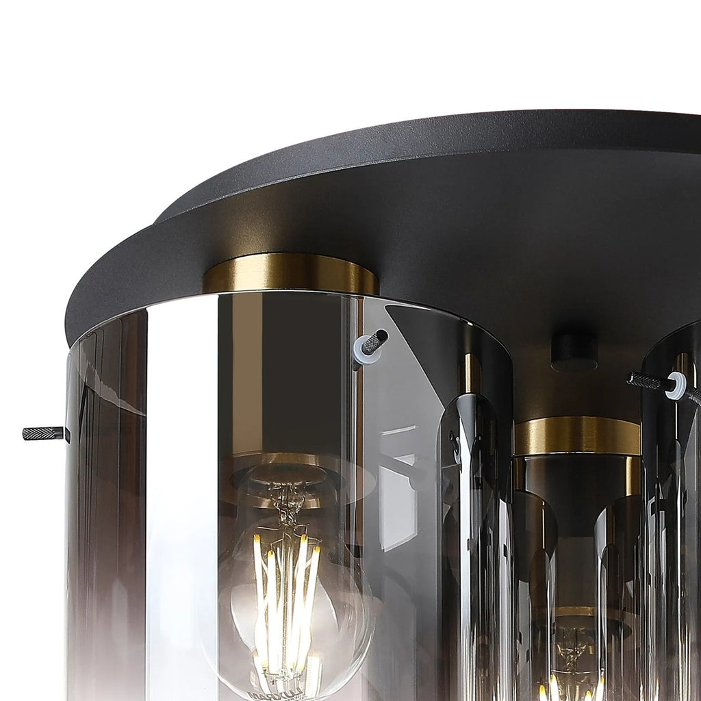 Regent Maisy 3 Light 370mm Round Flush Ceiling Light - Brass / Sand Black / Smoke Fade