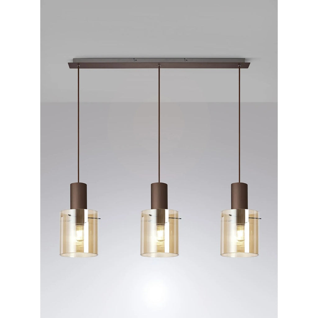 Regent Maisy 3 Light Linear Pendant Light 1000mm Long in Mocha with Amber Glass