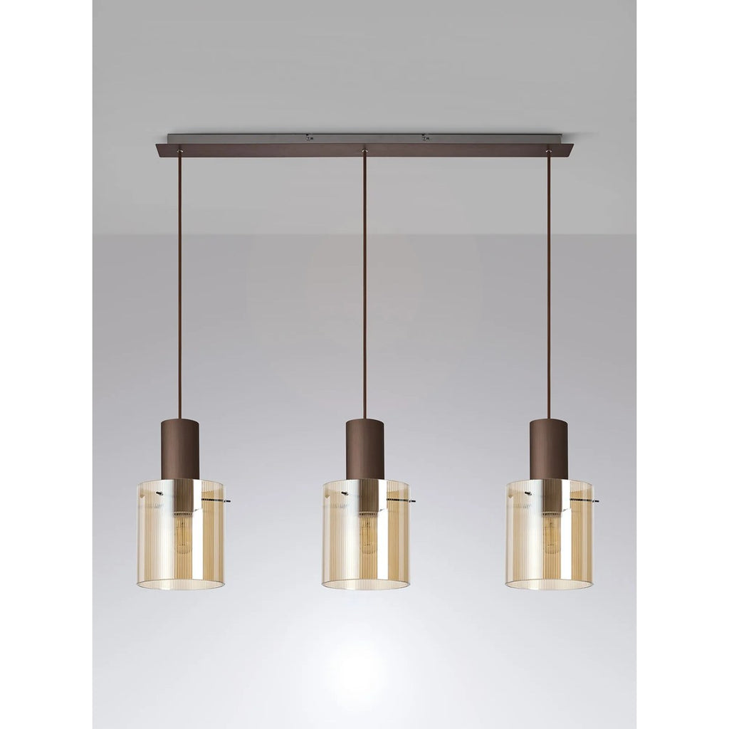 Regent Maisy 3 Light Linear Pendant Light 1000mm Long in Mocha with Amber Glass