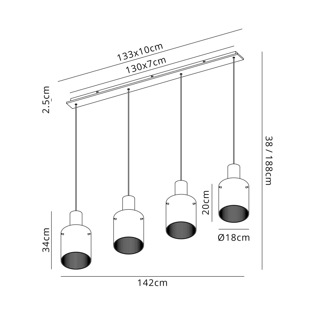 Regent Maisy 4 Light Linear Pendant 1420mm in Mocha with Amber Glass