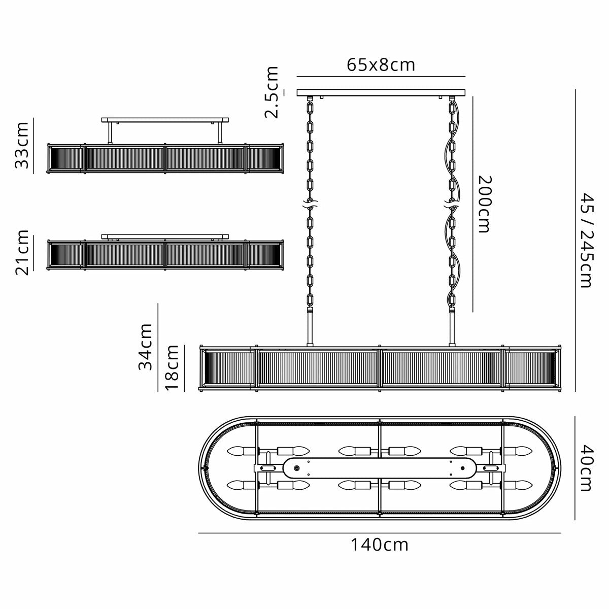 Regent Malmedy 140cm Oval Flush, Semi Flush or Pendant Ceiling Light - dimensions