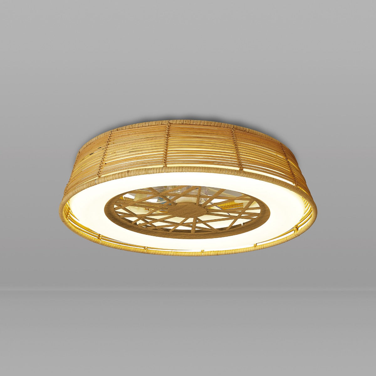 Mantra Indonesia Mini Ceiling Fan & Dimmable LED Light Beige Rattan 5 Years Warranty. Remote Controlled.