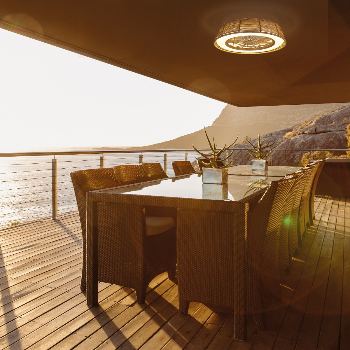 Mantra Indonesia Mini Ceiling Fan & Dimmable LED Light Beige Rattan 5 Years Warranty. Remote Controlled.