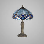 Novena Maries 2 Light Tiffany Curved Table Lamp with 40cm Shade in Blue Clear Crystal Aged Antique Brass
