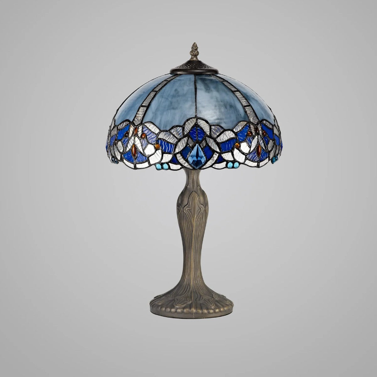 Novena Maries 2 Light Tiffany Curved Table Lamp with 40cm Shade in Blue Clear Crystal Aged Antique Brass