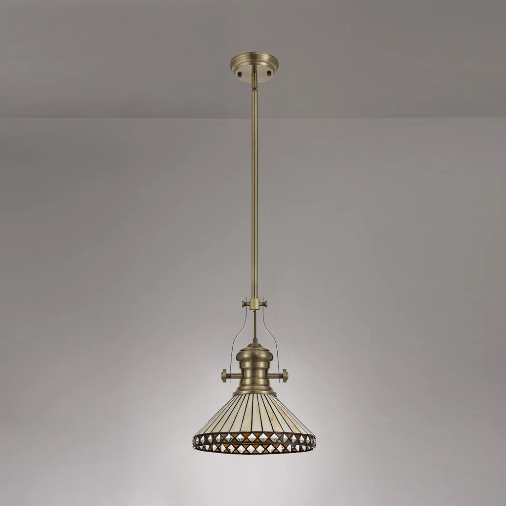Novena Douai Tabitha 1 Light Tiffany Telescopic Pendant with 30cm Shade in Antique Brass Amber Cream Crystal