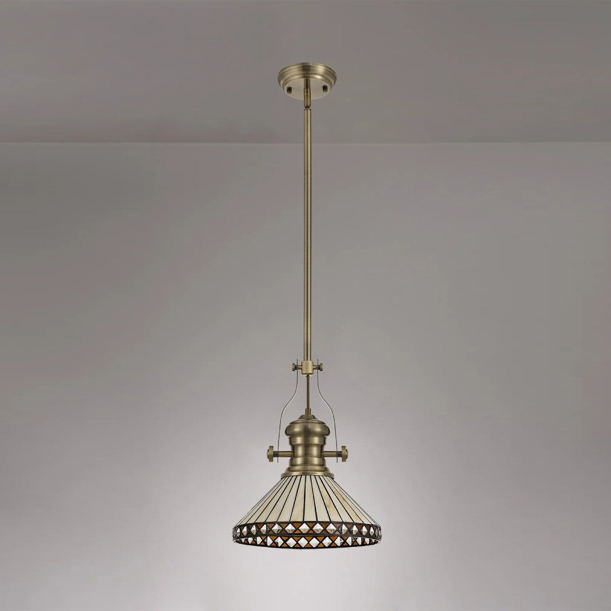Novena Douai Tabitha 1 Light Tiffany Telescopic Pendant with 30cm Shade in Antique Brass Amber Cream Crystal
