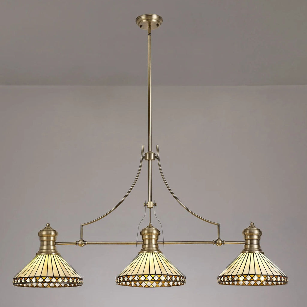 Novena Douai Tabitha 3 Light Tiffany Telescopic Pendant with 30cm Shade in Antique Brass Amber Cream Crystal