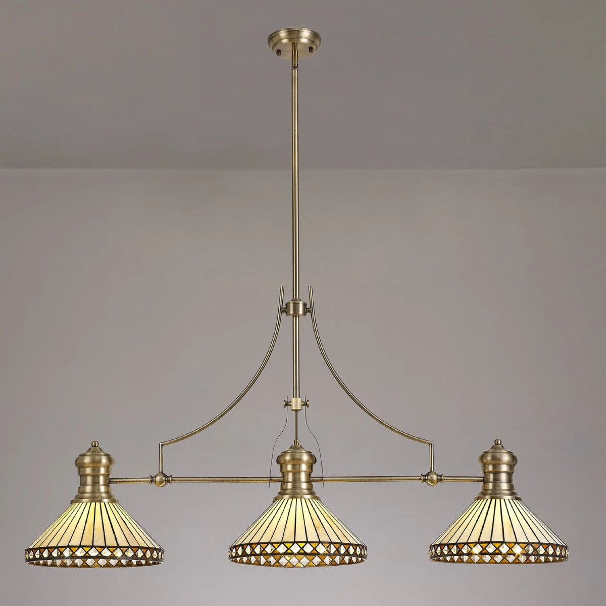 Novena Douai Tabitha 3 Light Tiffany Telescopic Pendant with 30cm Shade in Antique Brass Amber Cream Crystal