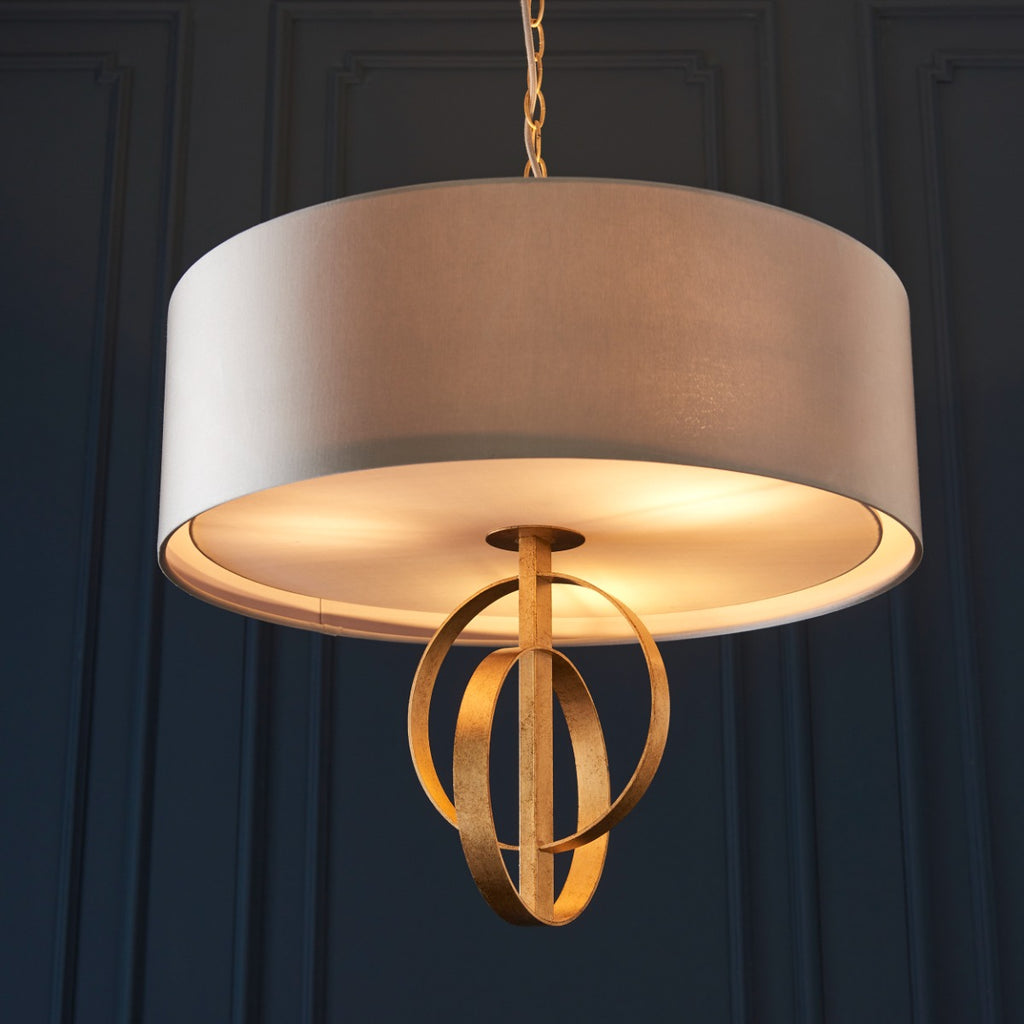 Novena Agrela 3 Light Pendant Light Antique Gold Leaf Mink Satin Fabric