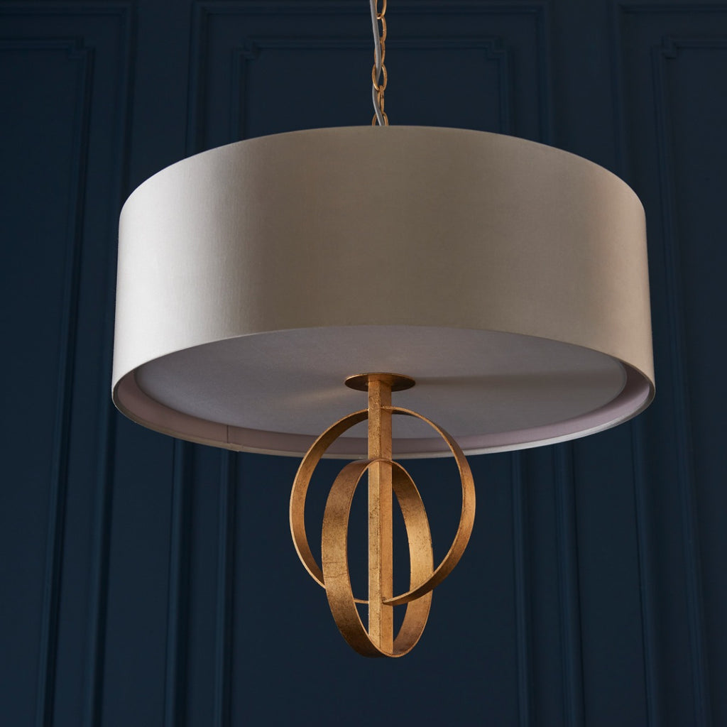 Novena Agrela 3 Light Pendant Light Antique Gold Leaf Mink Satin Fabric
