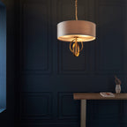 Novena Agrela 3 Light Pendant Light Antique Gold Leaf Mink Satin Fabric