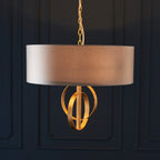 Novena Agrela 3 Light Pendant Light Antique Gold Leaf Mink Satin Fabric