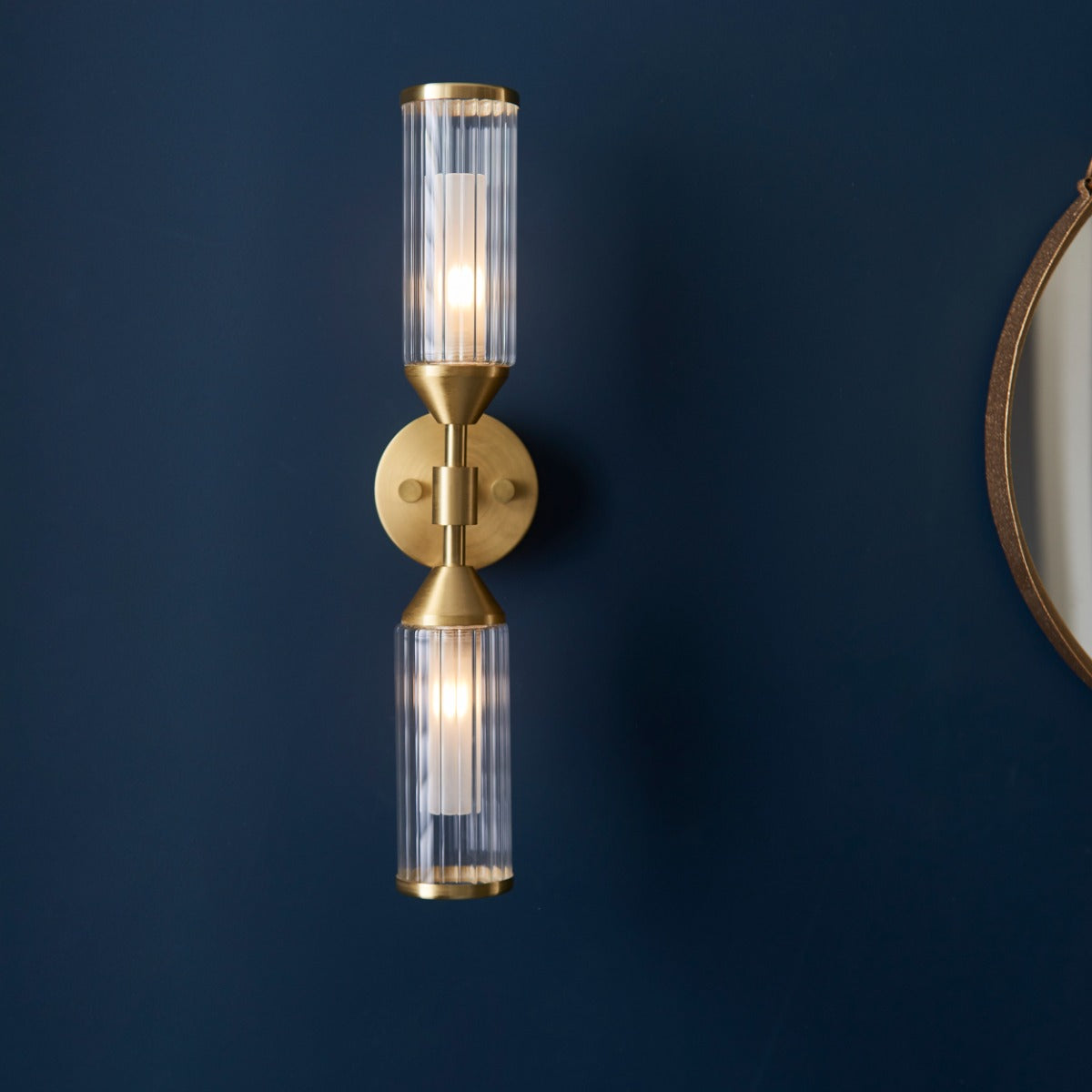 Novena Ancia 2 Light Wall Light Clear Frosted Glass Satin Brass Plate