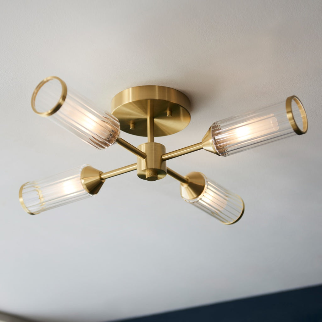 Novena Ancia 4 Light Semi Flush Ceiling Light with Clear Frosted Glass in Satin Brass