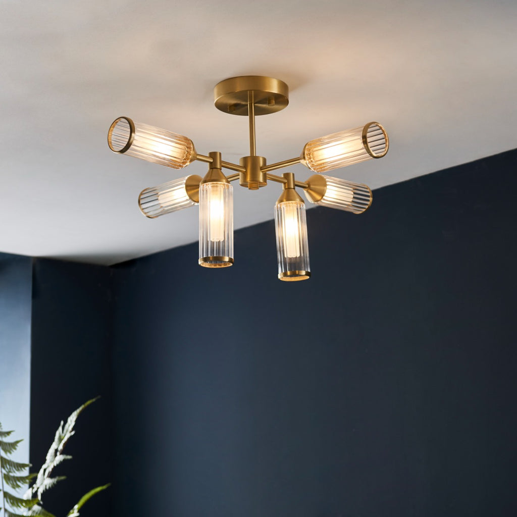 Novena Ancia 6 Light Semi Flush Ceiling Light Satin Brass with Clear Frosted Glass