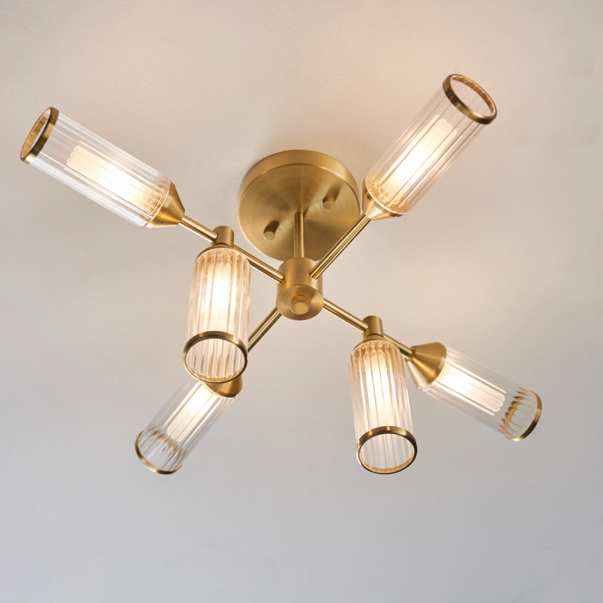 Novena Ancia 6 Light Semi Flush Ceiling Light Satin Brass with Clear Frosted Glass