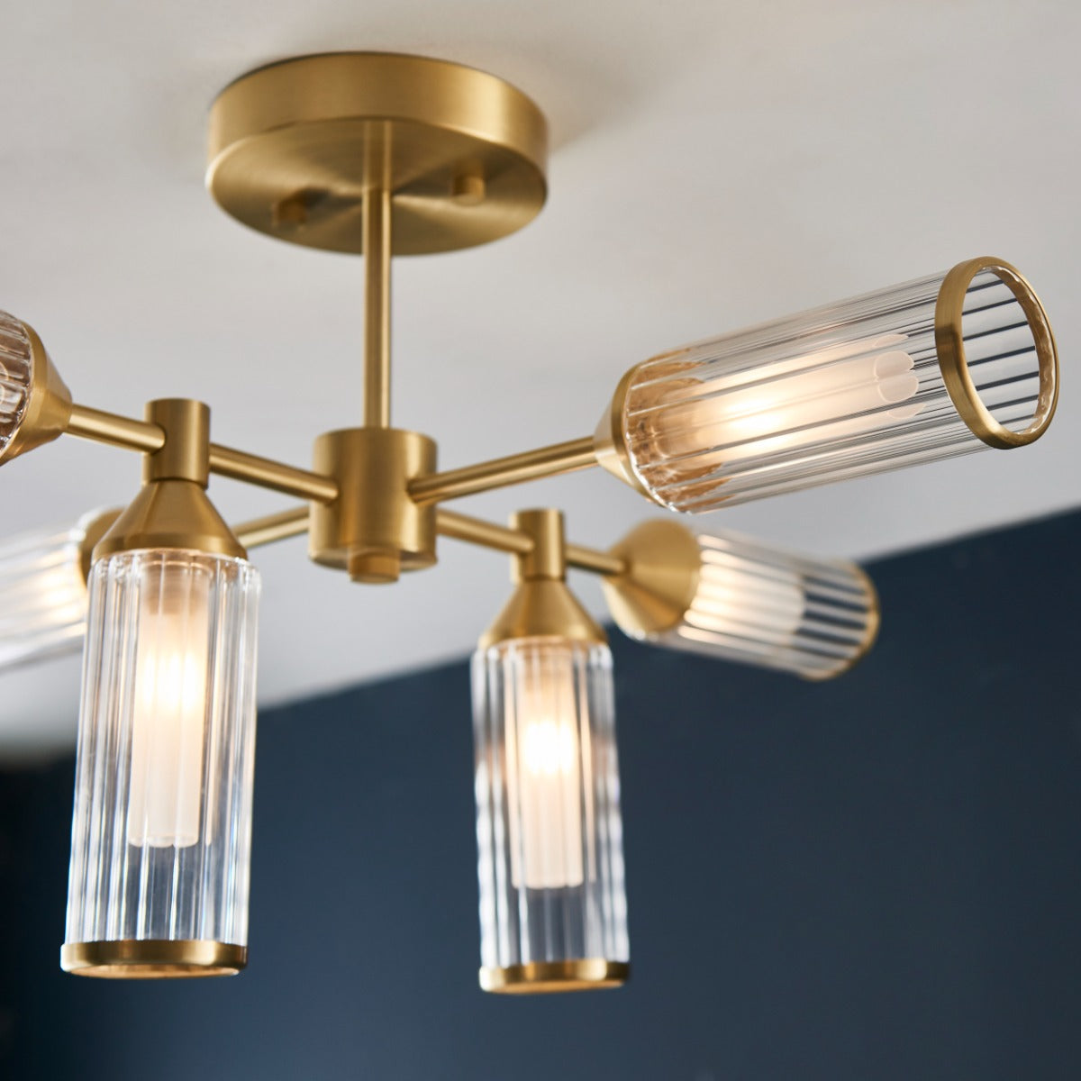Novena Ancia 6 Light Semi Flush Ceiling Light Satin Brass with Clear Frosted Glass