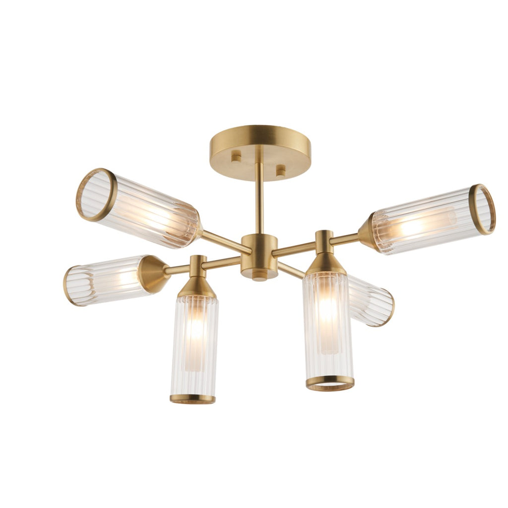Novena Ancia 6 Light Semi Flush Ceiling Light Satin Brass with Clear Frosted Glass
