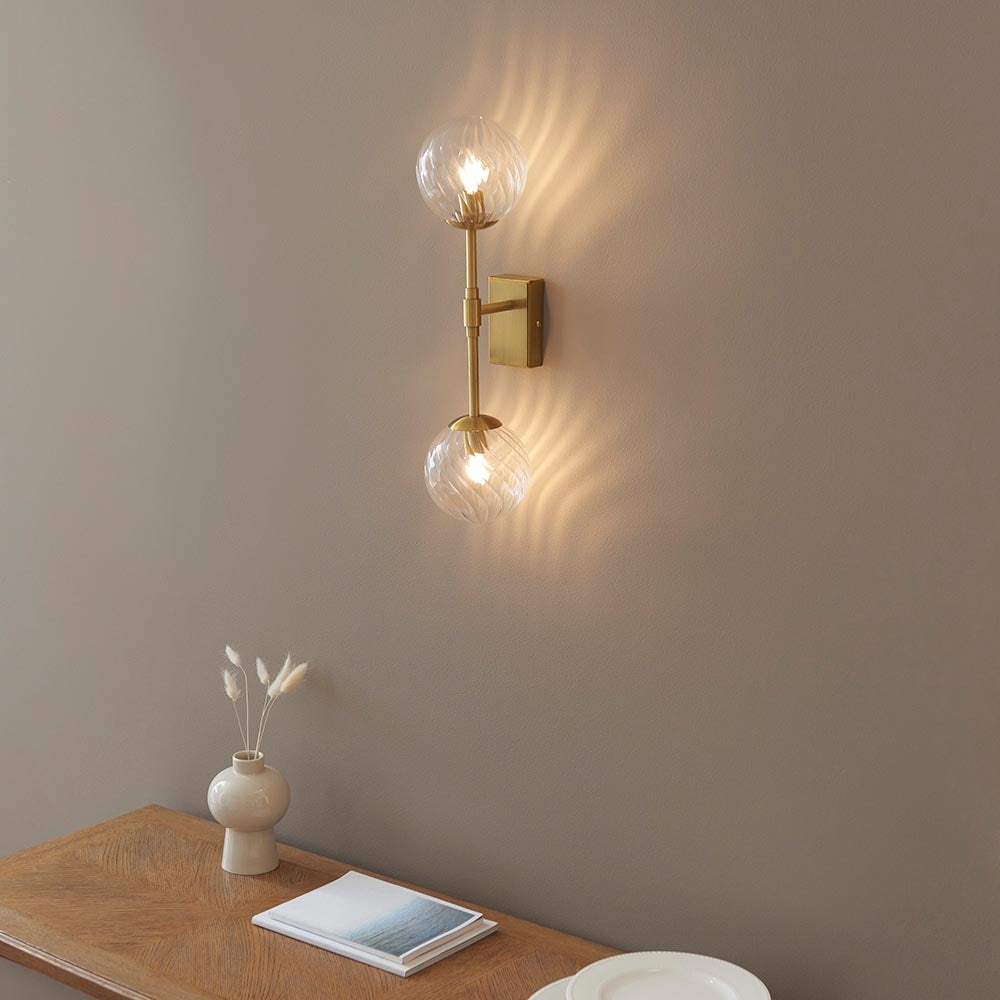Novena Andarela 2 Light Wall Bracket Brushed Aged Brass With Twisted Clear Glass
