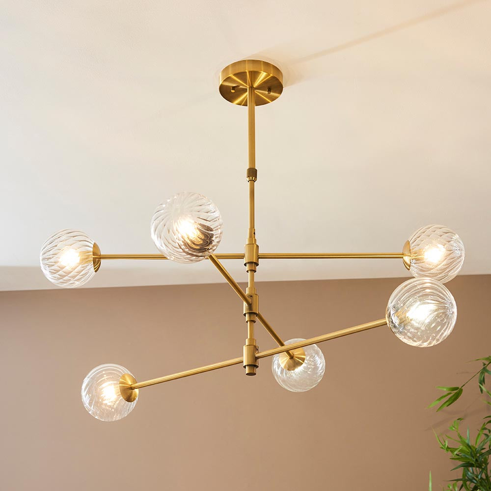 Novena Andarela 6 Light Pendant Brushed Aged Brass with Twisted Clear Glass