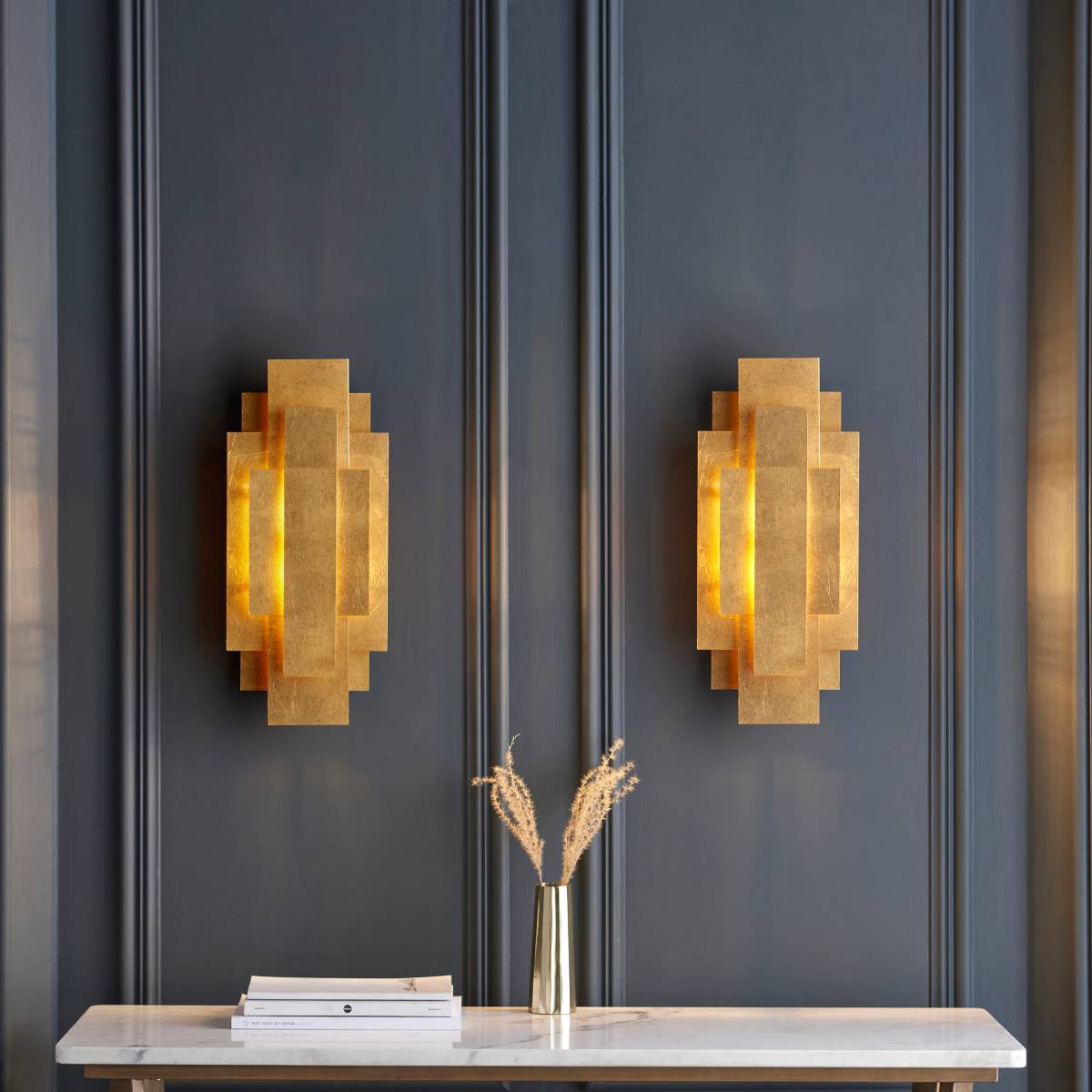 Novena Arteris Rectangular Wall Light in Antique Gold Leaf - Twin Pack