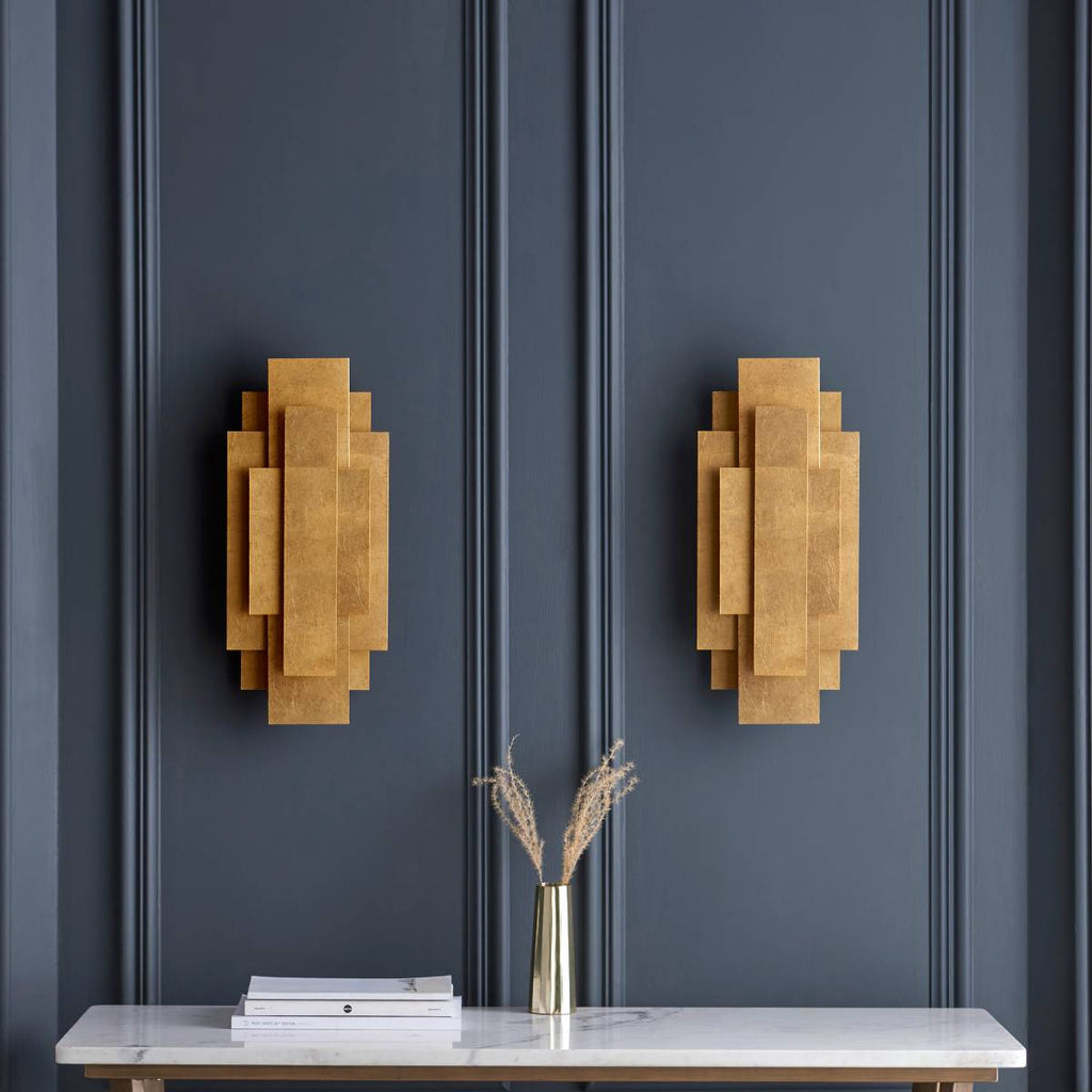 Novena Arteris Rectangular Wall Light in Antique Gold Leaf - Twin Pack