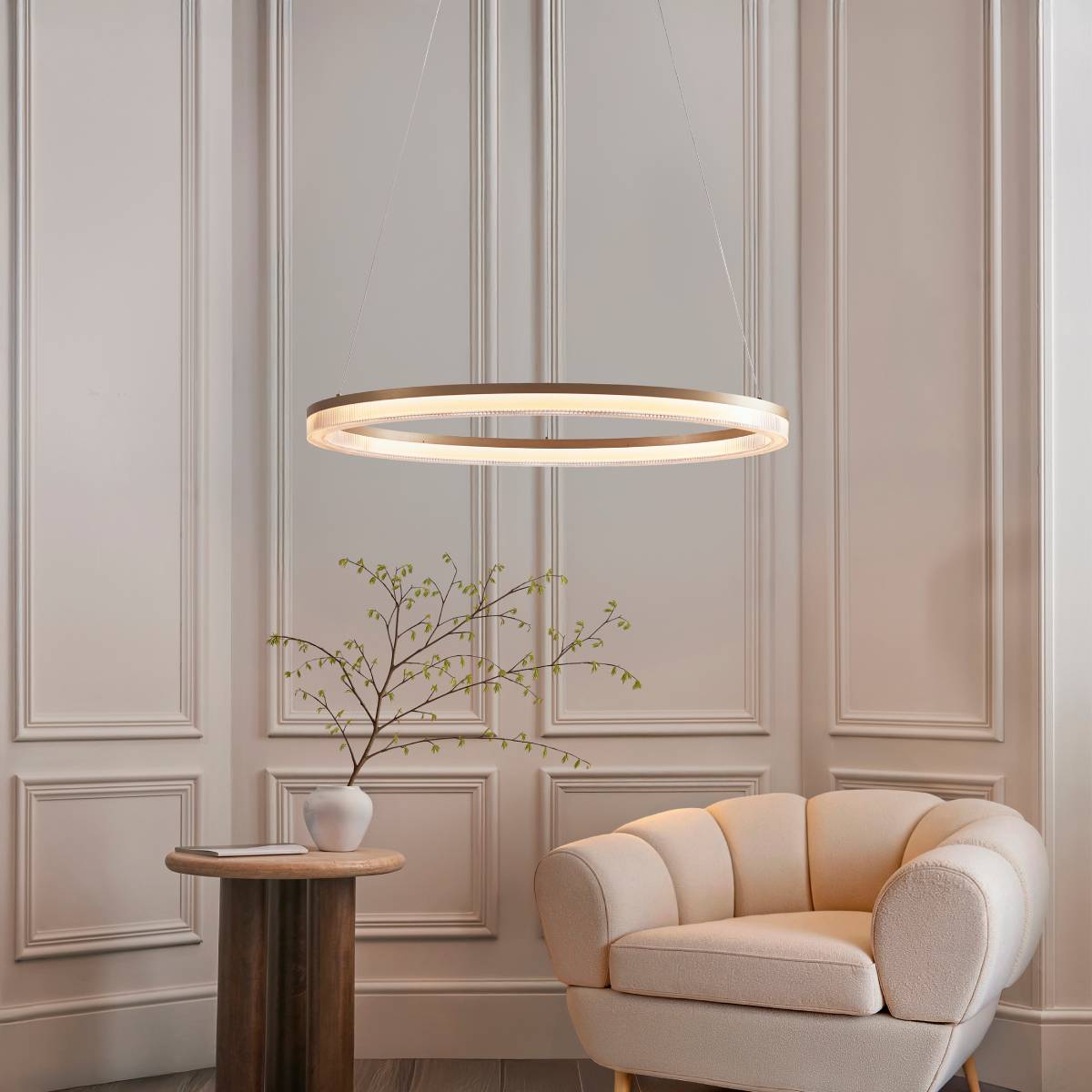 Novena Balma LED Pendant in Brushed Gold Plated and Opal Ribbed Acrylic Hoop