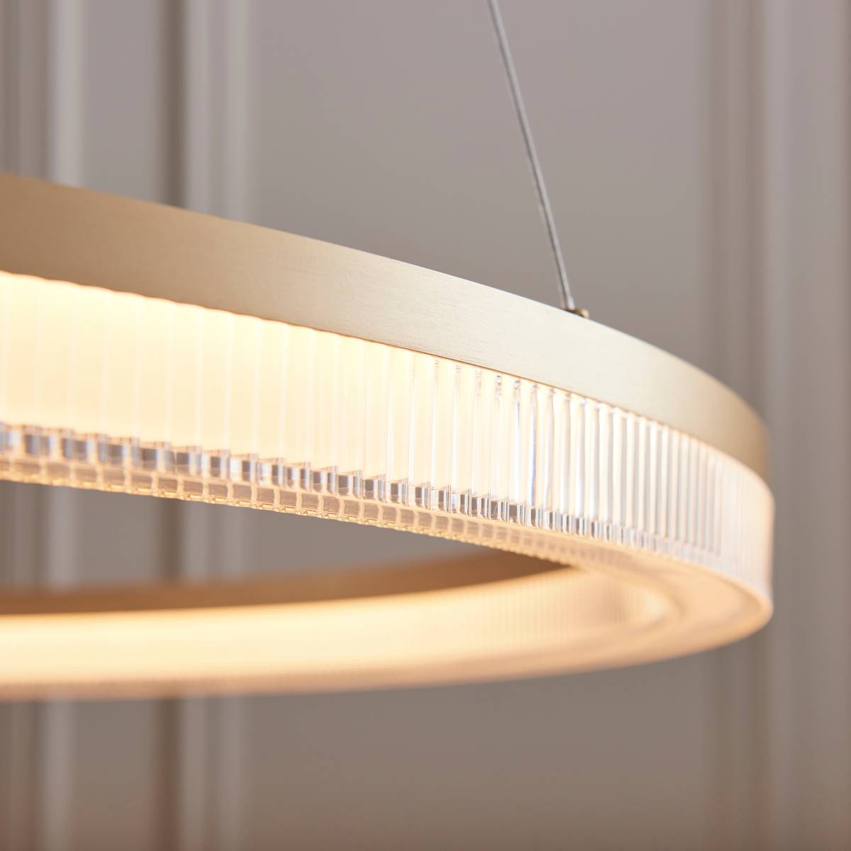 Novena Balma LED Pendant in Brushed Gold Plated and Opal Ribbed Acrylic Hoop