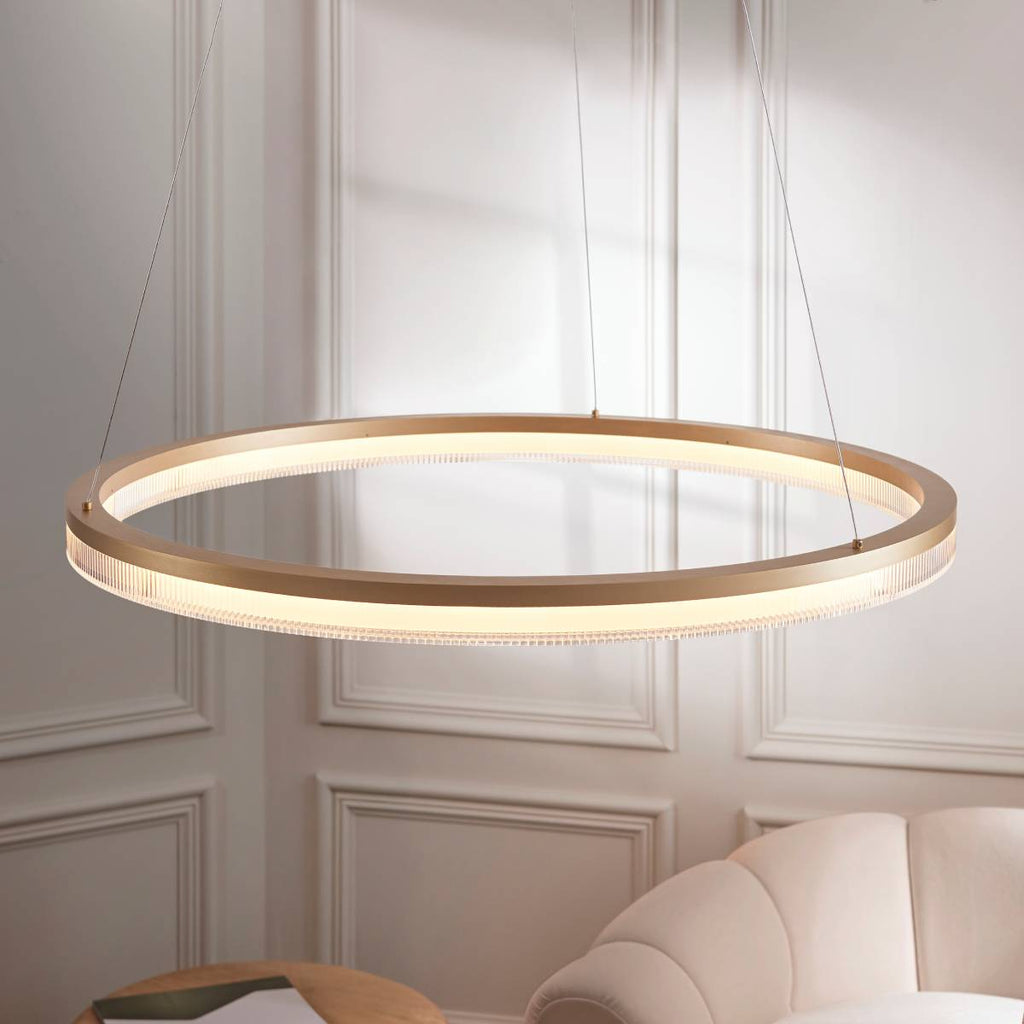 Novena Balma LED Pendant in Brushed Gold Plated and Opal Ribbed Acrylic Hoop