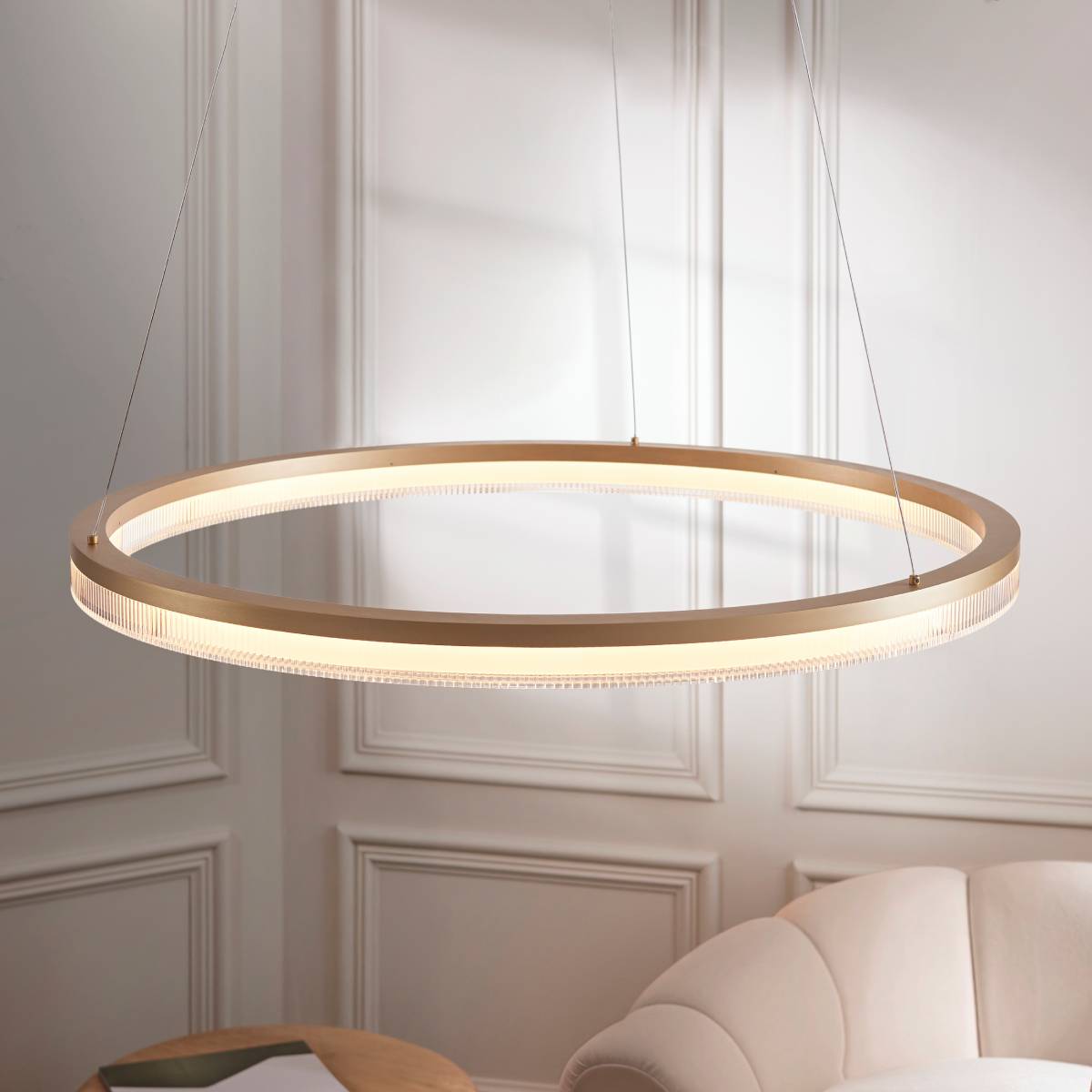 Novena Balma LED Pendant in Brushed Gold Plated and Opal Ribbed Acrylic Hoop