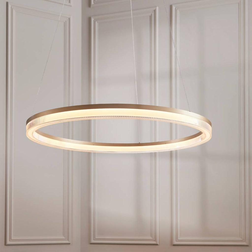 Novena Balma LED Pendant in Brushed Gold Plated and Opal Ribbed Acrylic Hoop