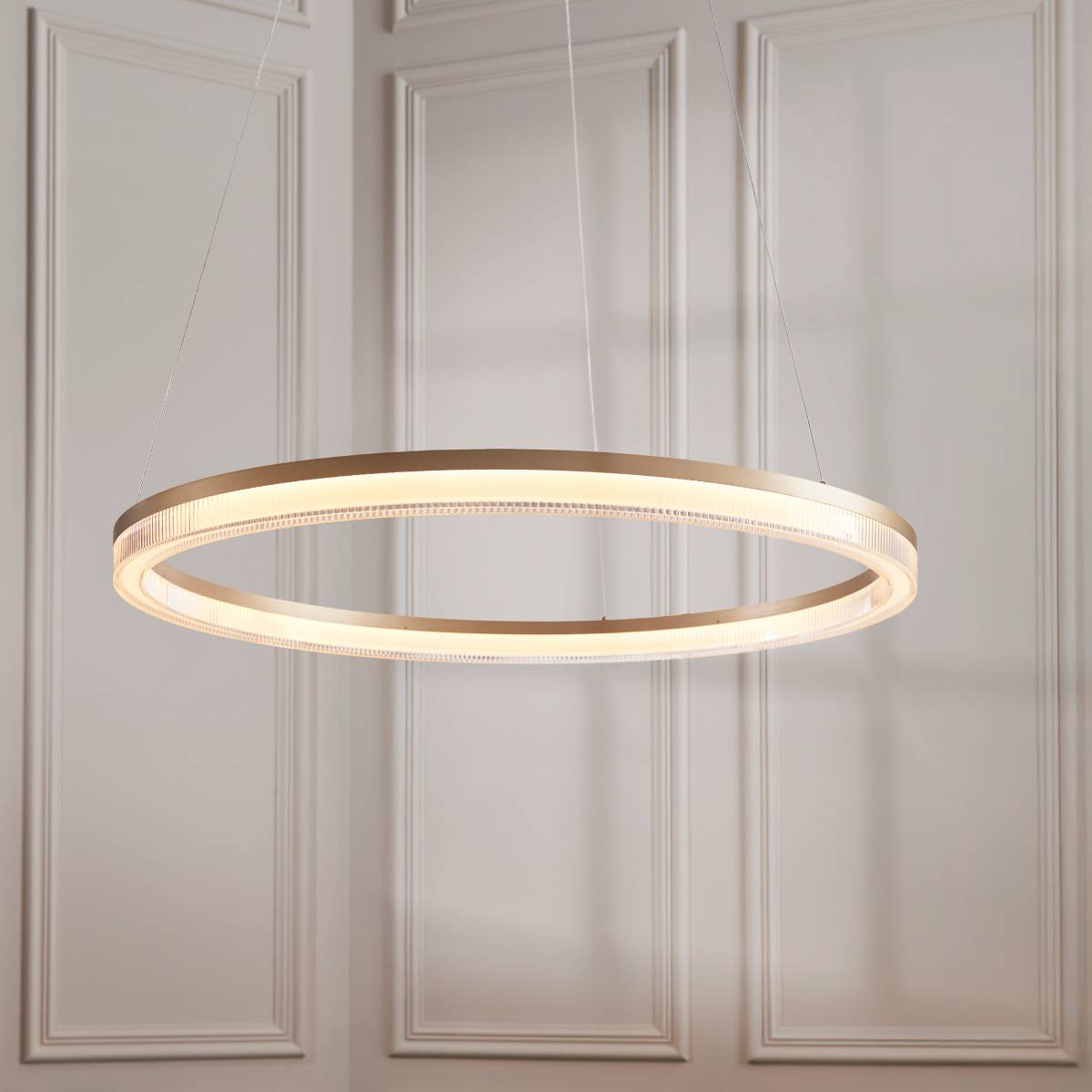 Novena Balma LED Pendant in Brushed Gold Plated and Opal Ribbed Acrylic Hoop