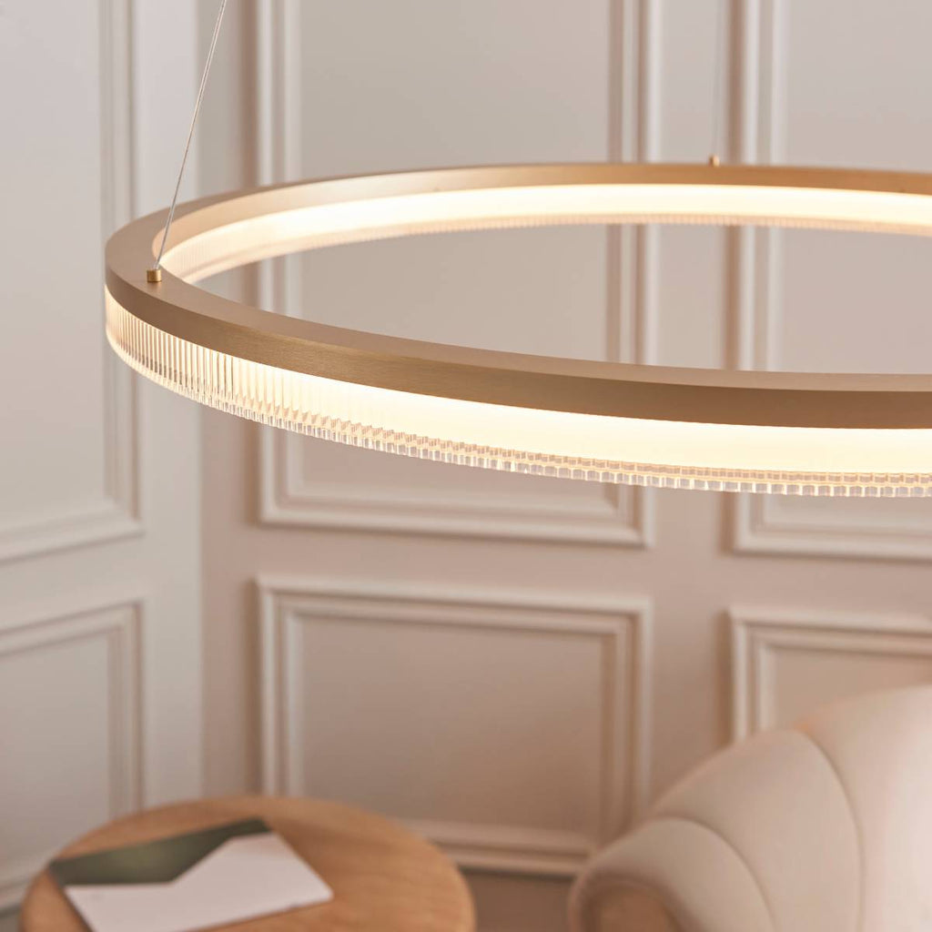Novena Balma LED Pendant in Brushed Gold Plated and Opal Ribbed Acrylic Hoop